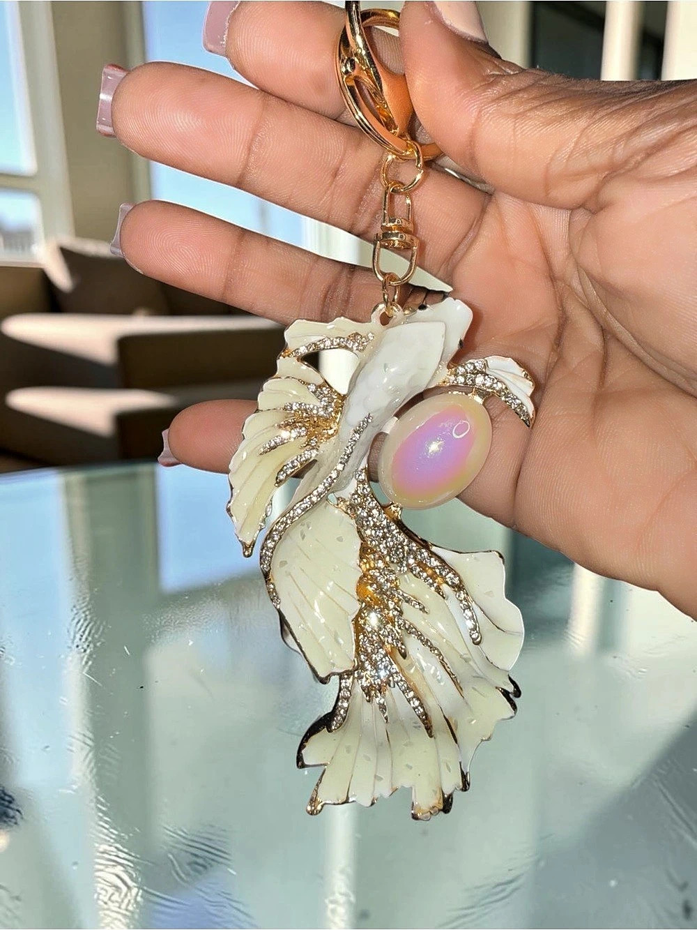 Koi Fish with pearl Keychain in Gold & White